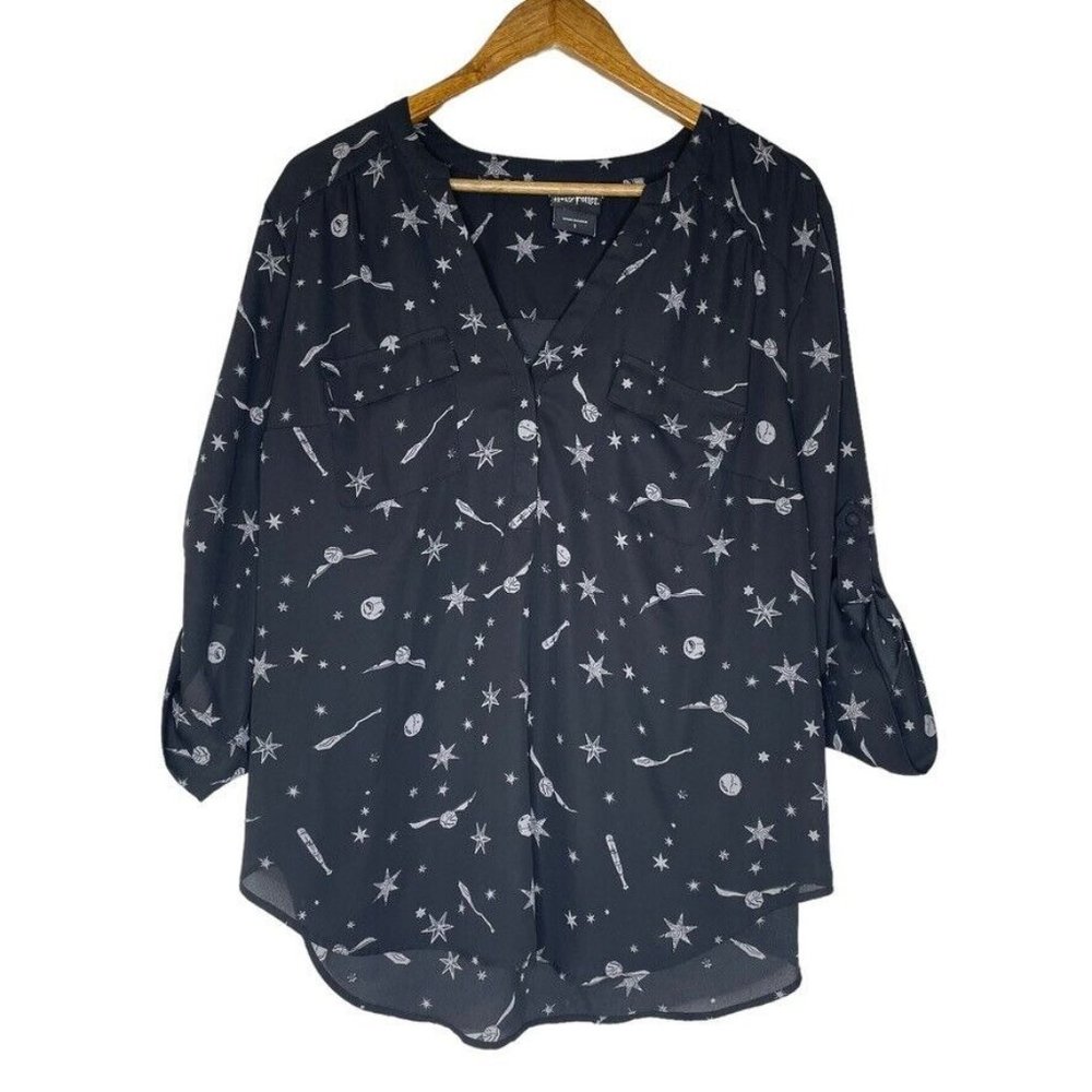 Harry Potter Black Roll Tab V-Neck Blouse Shirt Plus Size 1X Women’s